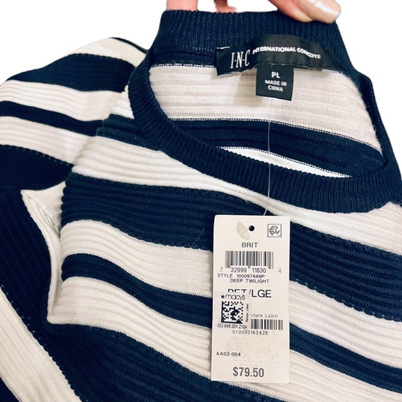 NEW INC Striped Navy Blue Balloon Sleeve Jewel Neck Sweater Rib Knit - Picture 4 of 6